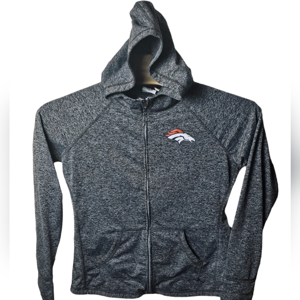 NFL Authentic Denver Broncos Women's Full Zip Jacket Gray Mock Neck Hooded Large
